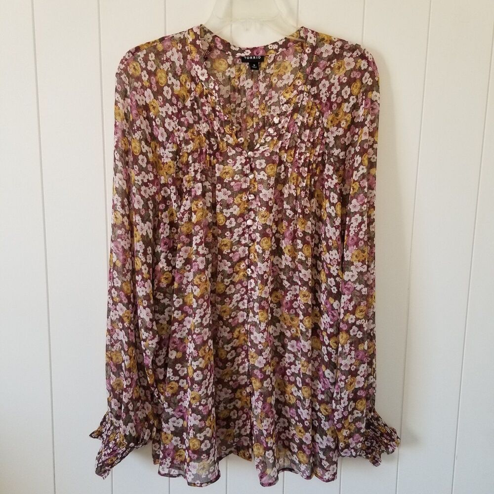 Torrid Floral Sheer Button Up Top Size 3X Plus Size Boho